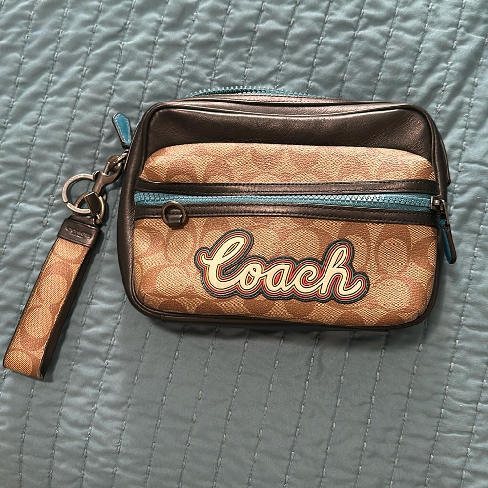 Coach Signature Tan Canvas Wristlet with Brown Trim and Blue Accents